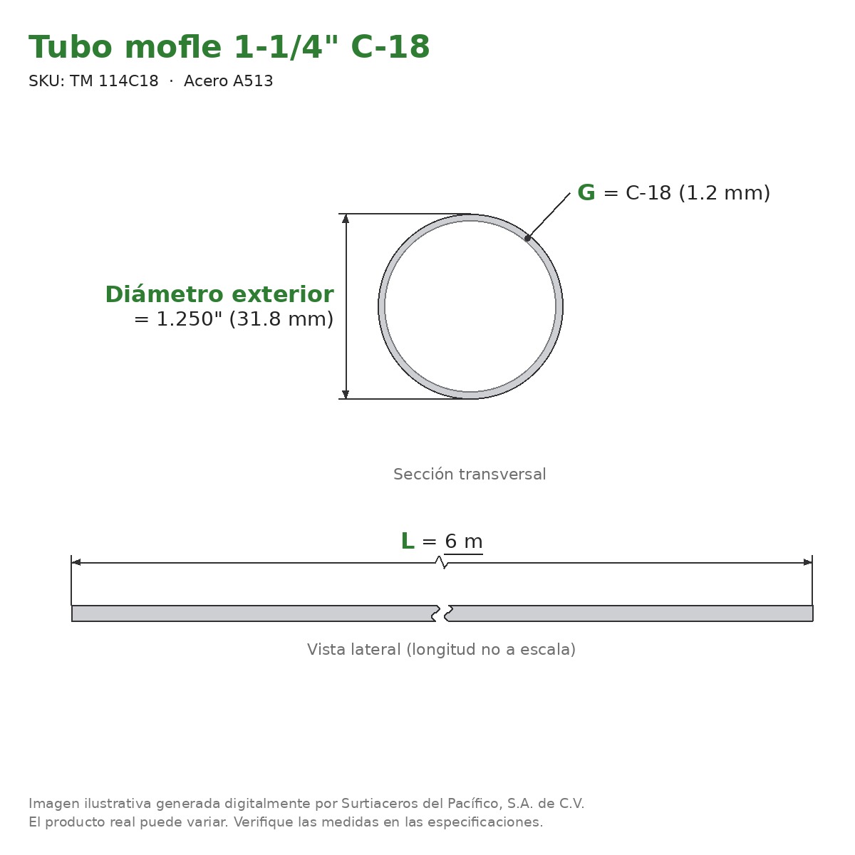 Tubo mofle 1-1/4" C-18 x 6 m - Acero A513 (Ø ext. 1.250") - sección transversal