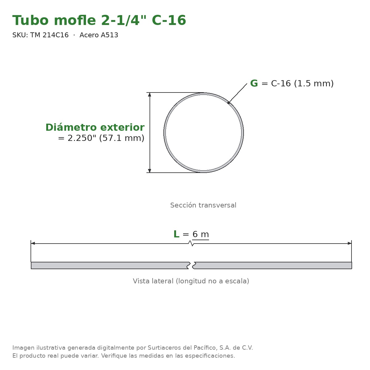 Tubo mofle 2-1/4" C-16 x 6 m - Acero A513 (Ø ext. 2.250") - sección transversal