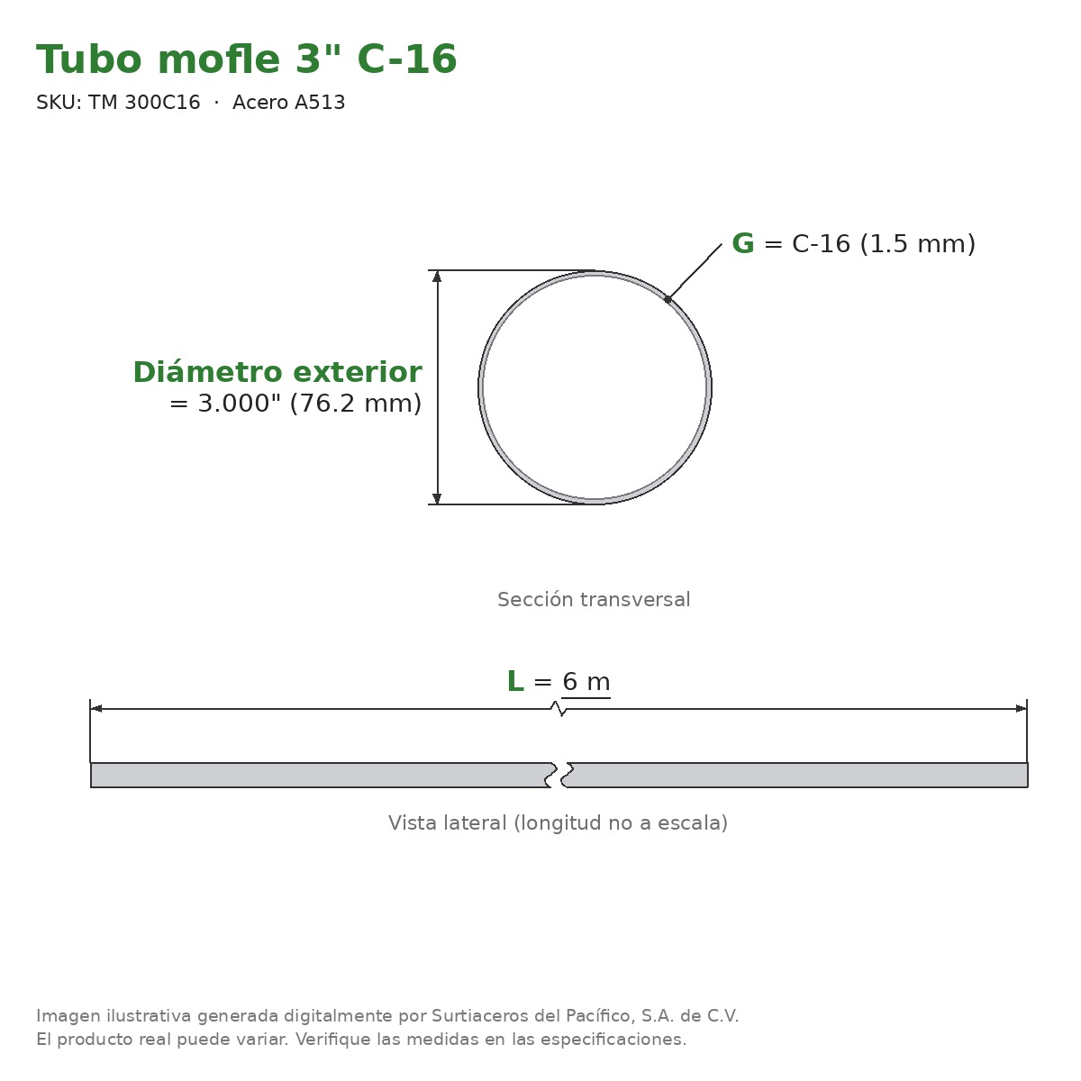 Tubo mofle 3" C-16 x 6 m - Acero A513 (Ø ext. 3.000") - sección transversal