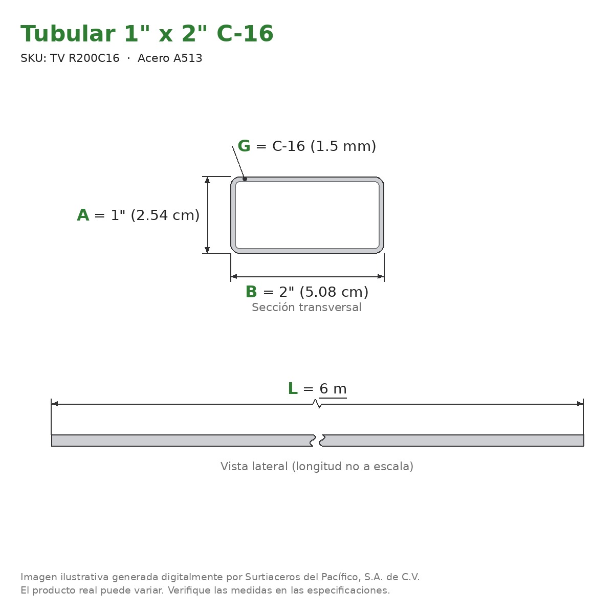Tubular 1" x 2" C-16 x 6.00 m - Acero A513