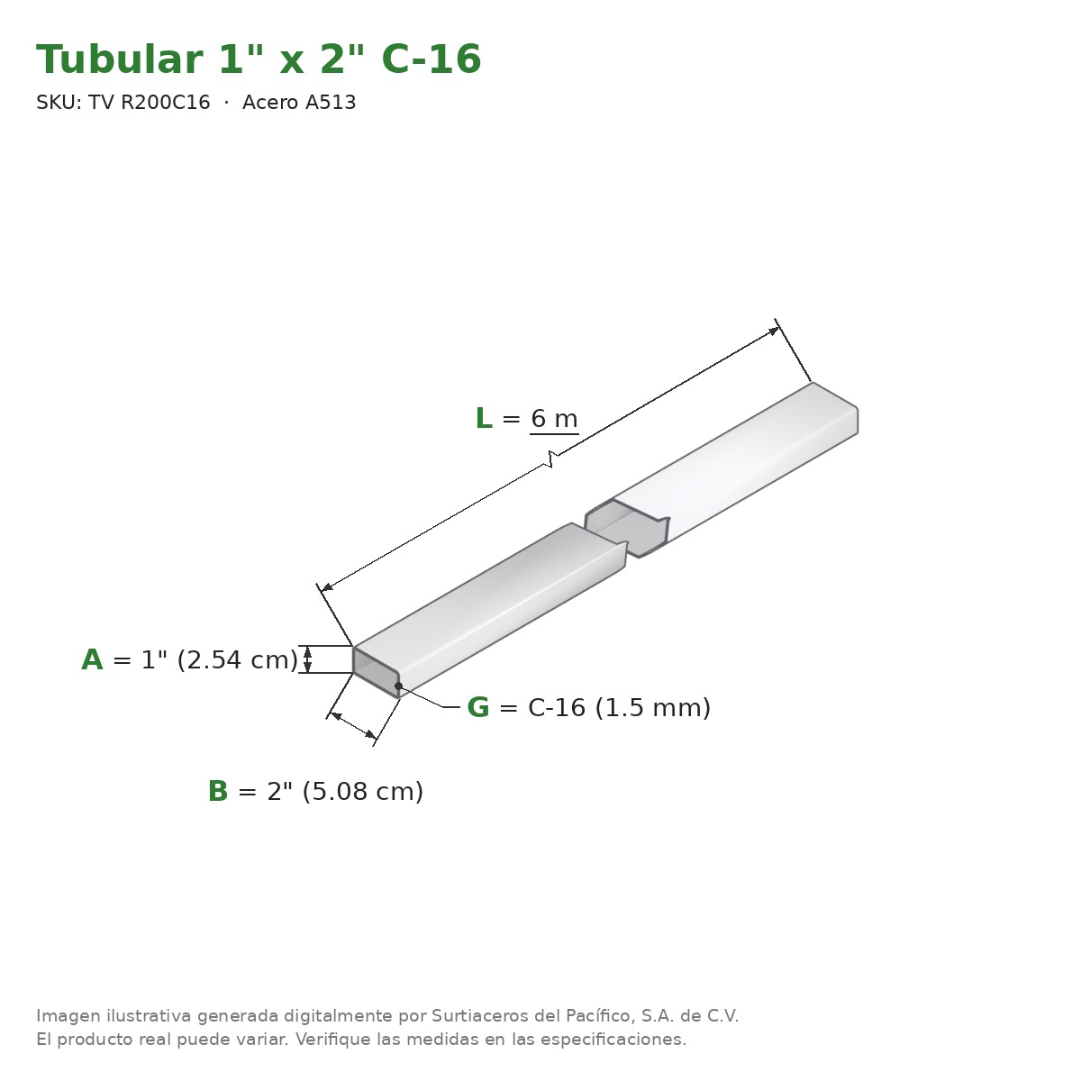 Tubular 1" x 2" C-16 x 6.00 m - Acero A513