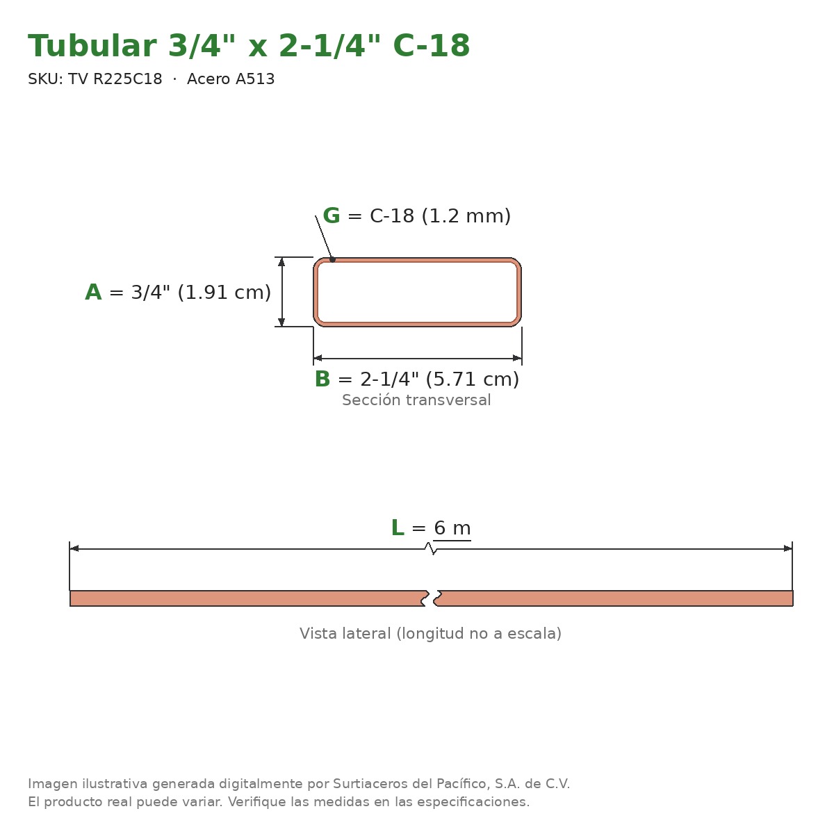 Tubular 3/4" x 2-1/4" C-18 x 6.00 m - Acero A513