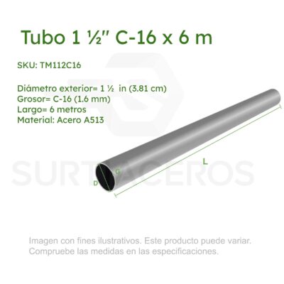Tubo Mofle 1-1/2" C-16 X 6 MTS (Diámetro Ext 1-1/2", Acero A513)