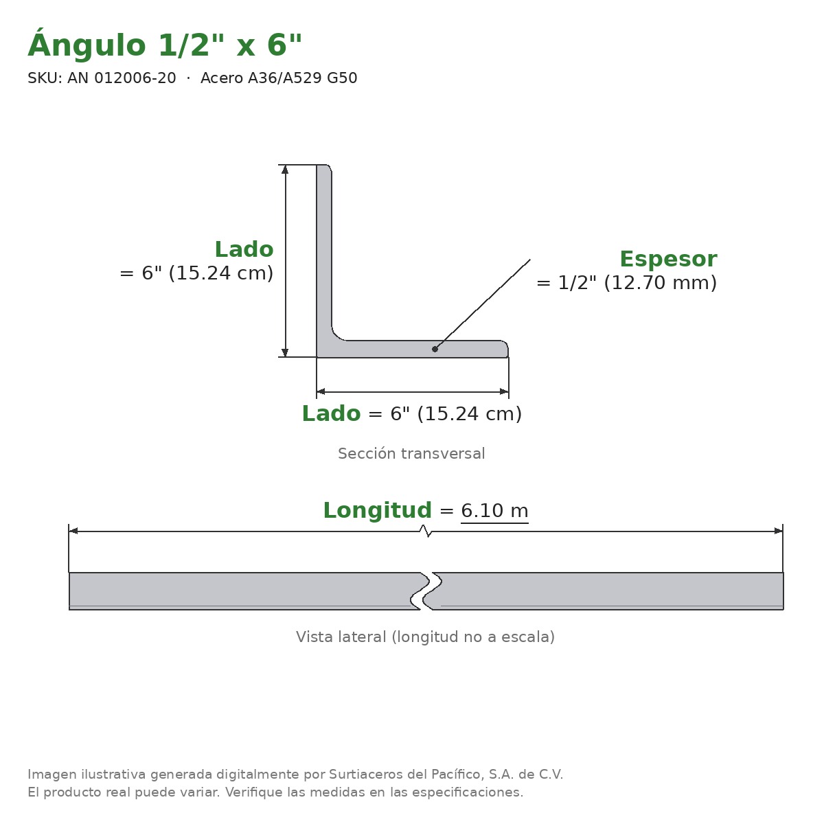 Ángulo 1/2" x 6" x 6.10 m - Acero A36/A529 G50 - sección transversal