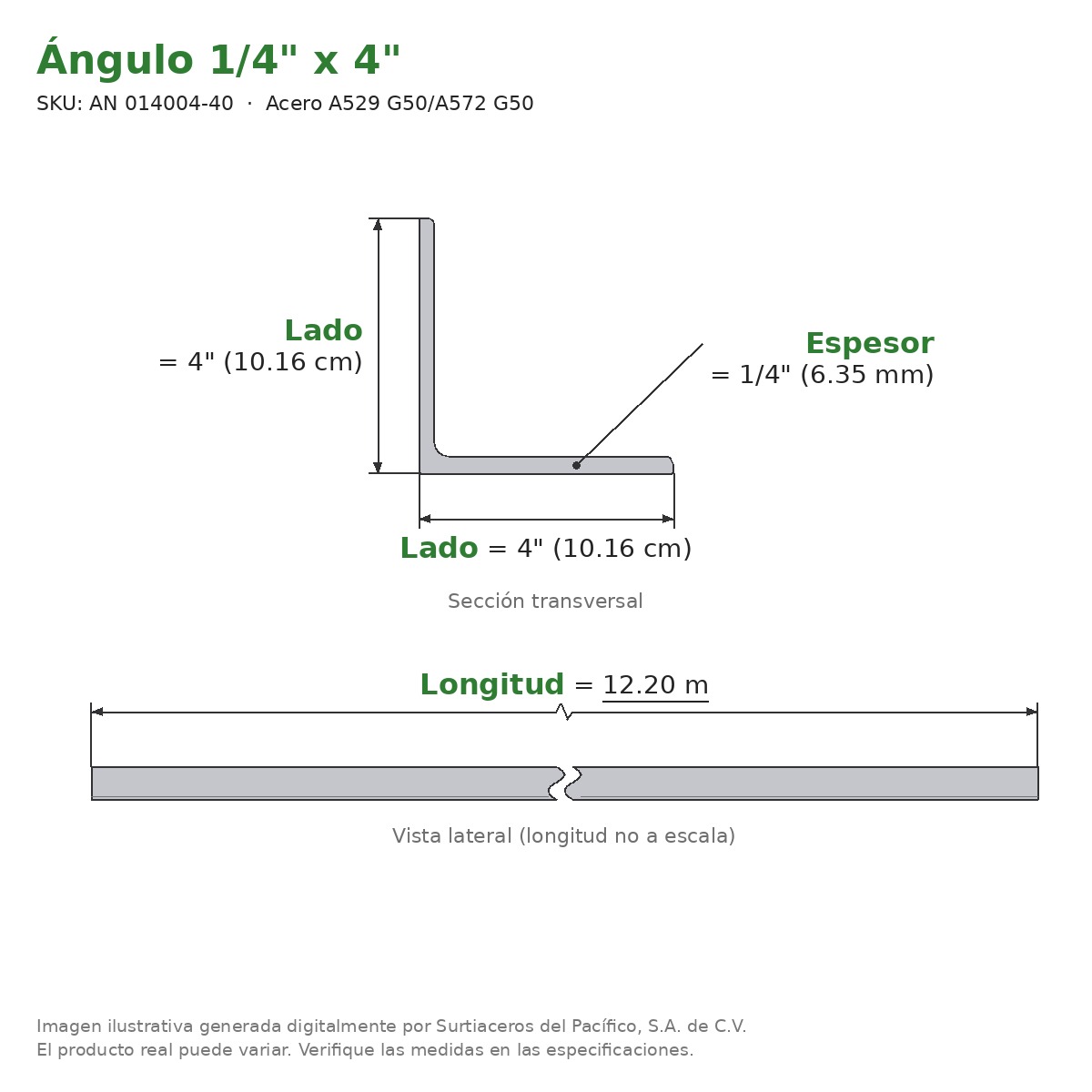 Ángulo 1/4" x 4" x 12.20 m - Acero A529 G50/A572 G50 - sección transversal