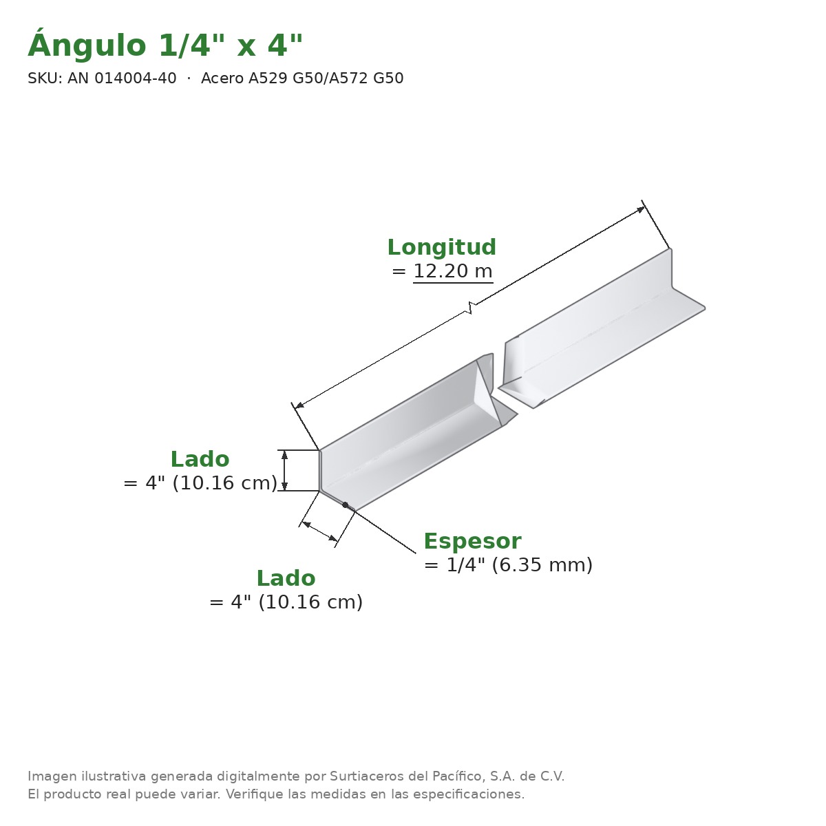 Ángulo 1/4" x 4" x 12.20 m - Acero A529 G50/A572 G50 - medidas