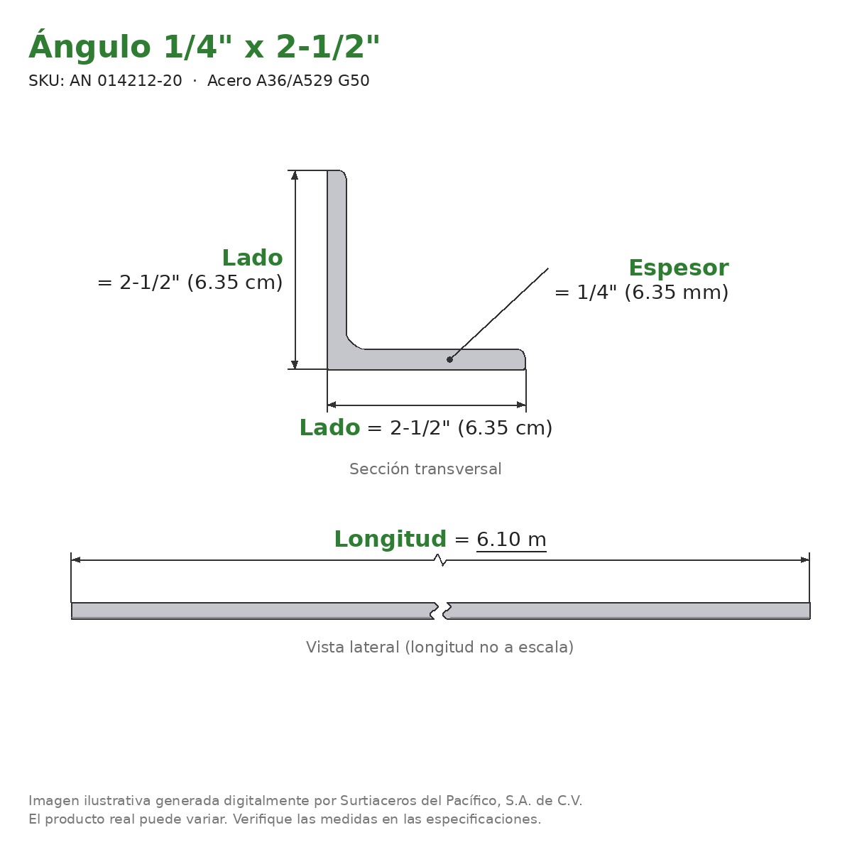 Ángulo 1/4" x 2-1/2" x 6.10 m - Acero A36/A529 G50 - sección transversal