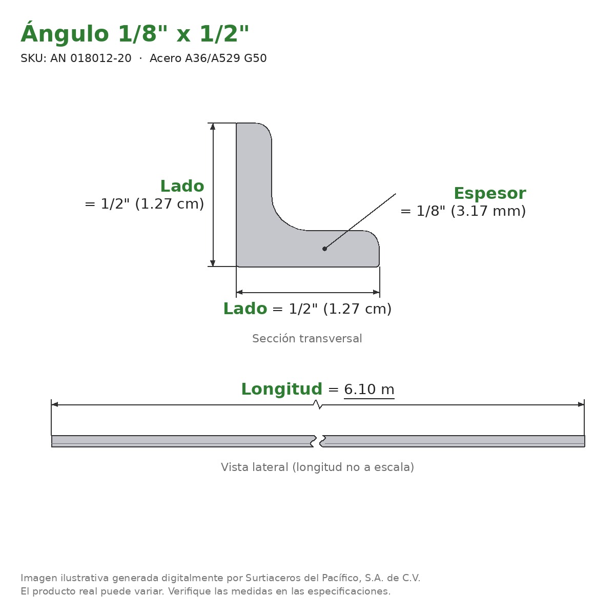 Ángulo 1/8" x 1/2" x 6.10 m - Acero A36/A529 G50 - sección transversal