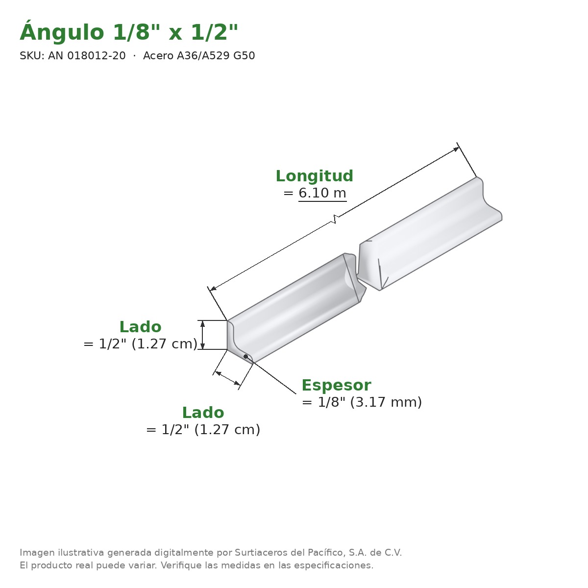 Ángulo 1/8" x 1/2" x 6.10 m - Acero A36/A529 G50 - medidas