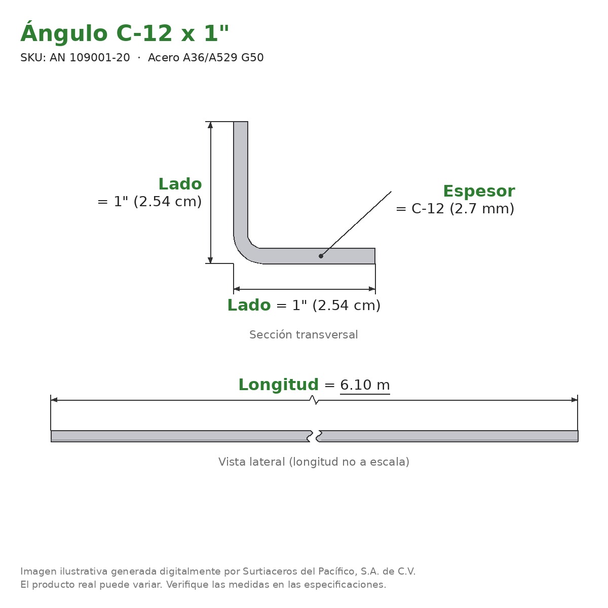Ángulo C-12 x 1" x 6.10 m - Acero A36/A529 G50 - sección transversal
