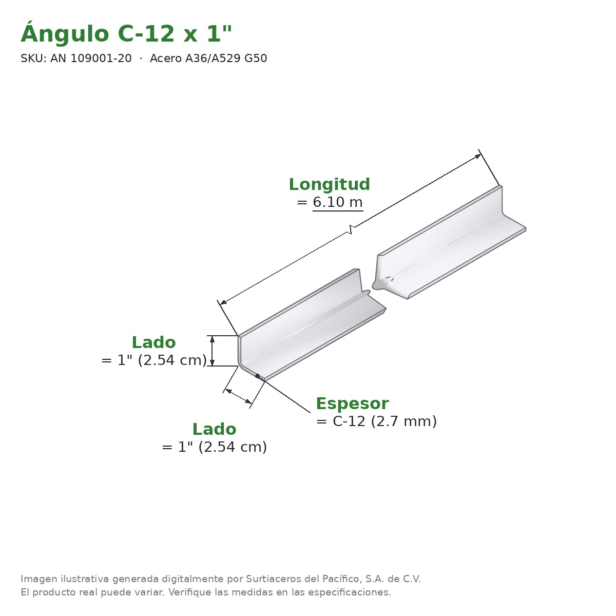 Ángulo C-12 x 1" x 6.10 m - Acero A36/A529 G50 - medidas