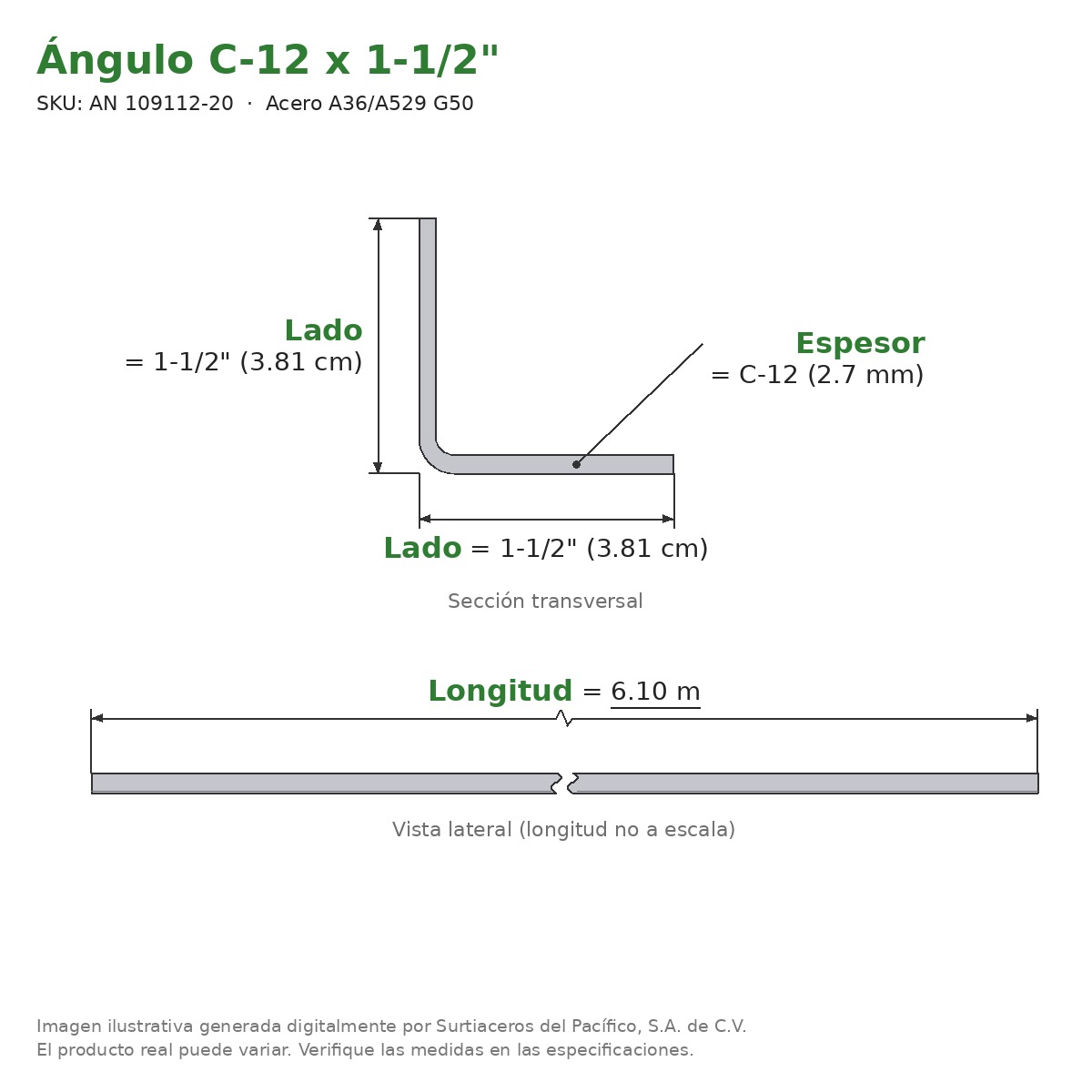 Ángulo C-12 x 1-1/2" x 6.10 m - Acero A36/A529 G50 - sección transversal
