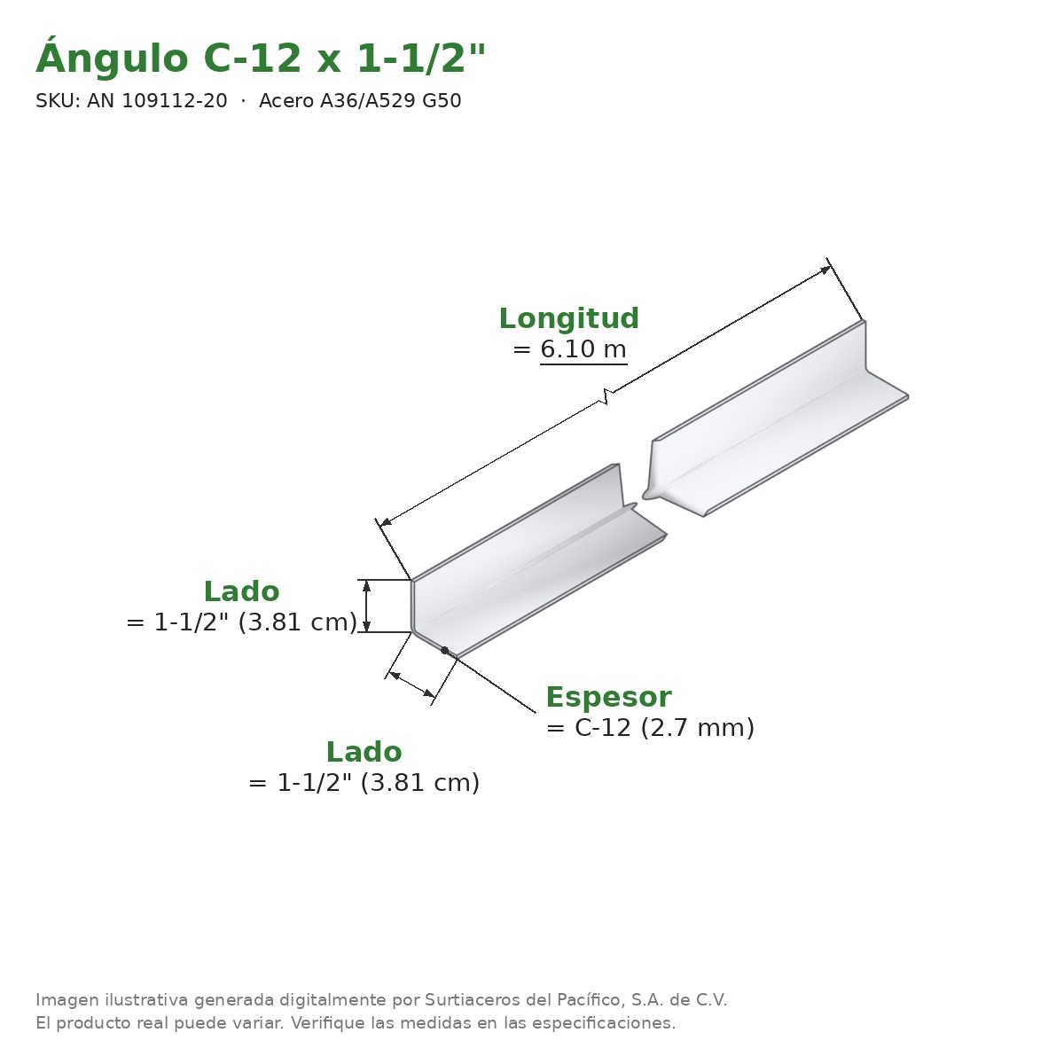 Ángulo C-12 x 1-1/2" x 6.10 m - Acero A36/A529 G50 - medidas
