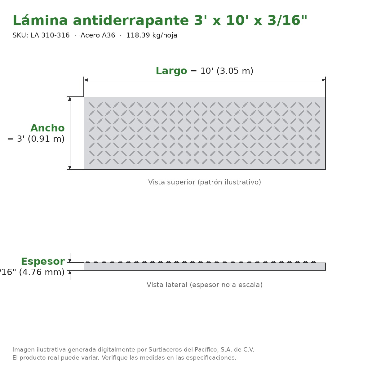 Lámina antiderrapante 3' x 10' x 3/16" - Acero A36 - sección transversal