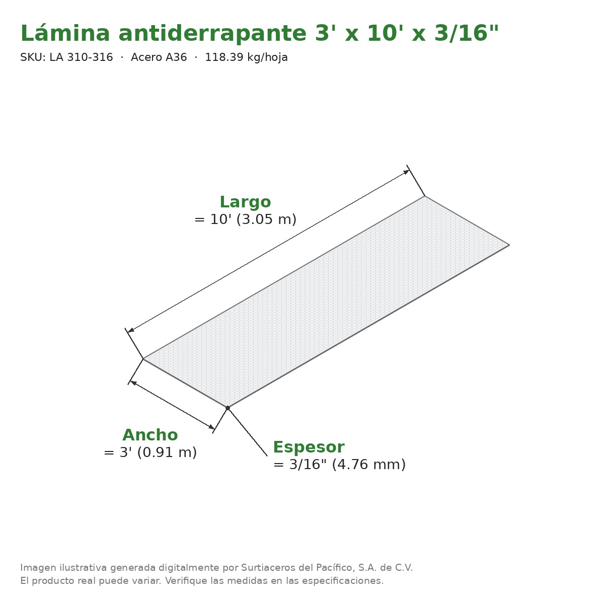 Lámina antiderrapante 3' x 10' x 3/16" - Acero A36 - medidas
