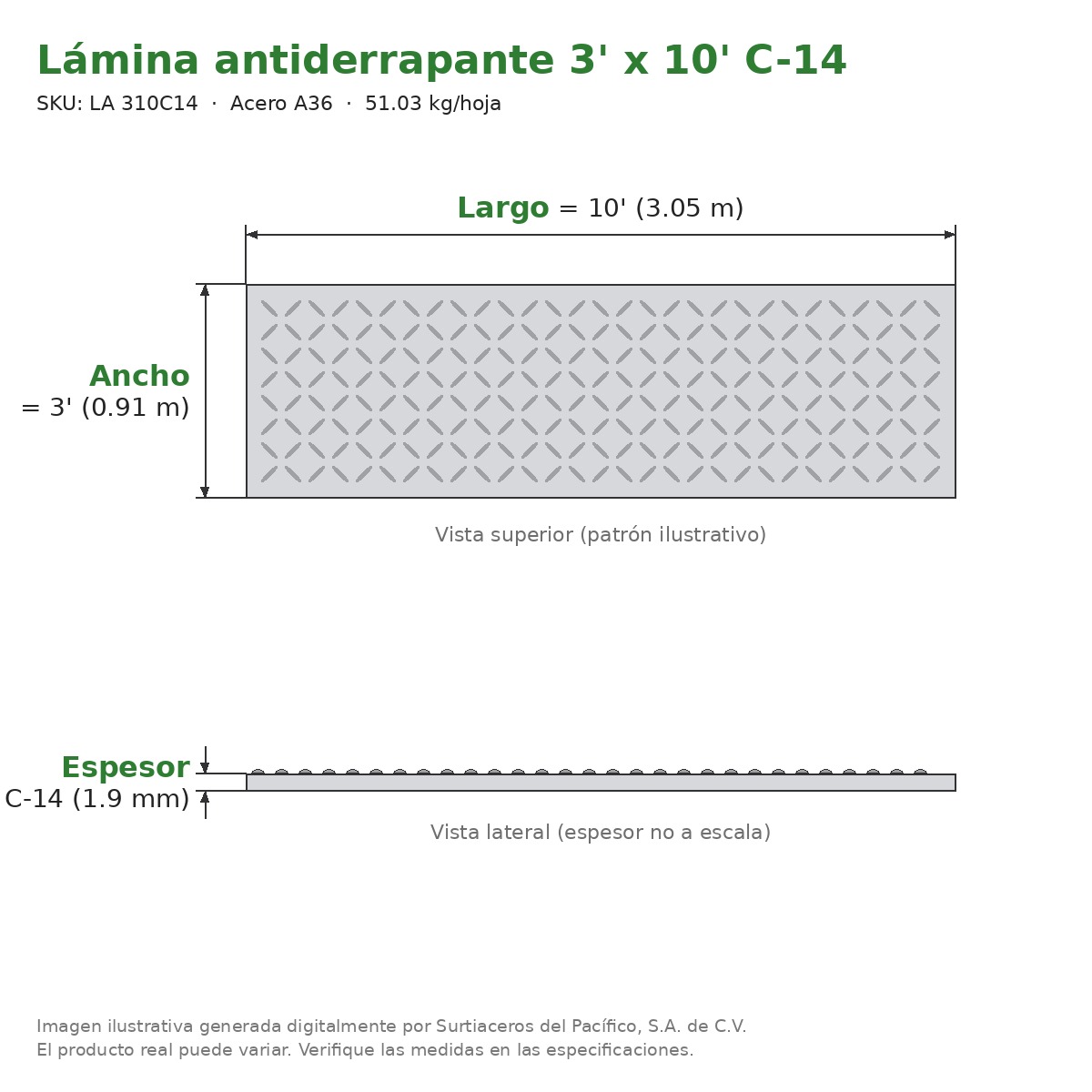 Lámina antiderrapante 3' x 10' C-14 - Acero A36 - sección transversal
