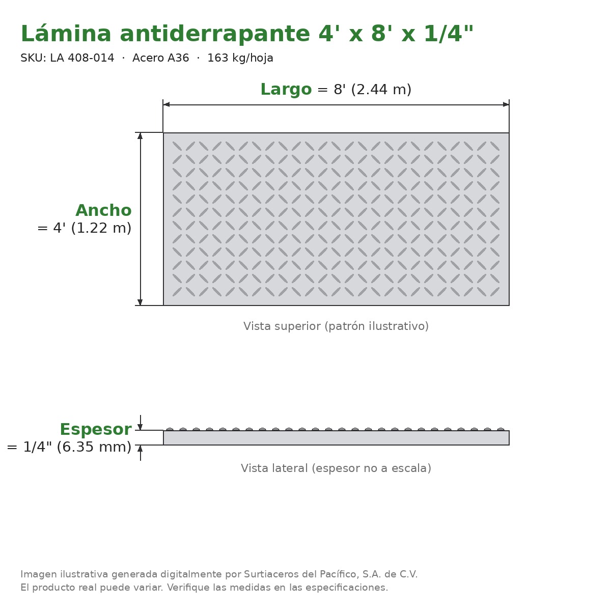 Lámina antiderrapante 4' x 8' x 1/4" - Acero A36 - sección transversal