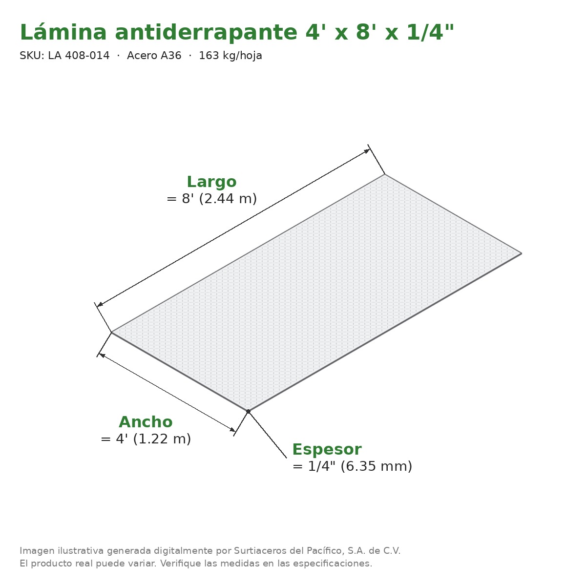 Lámina antiderrapante 4' x 8' x 1/4" - Acero A36 - medidas