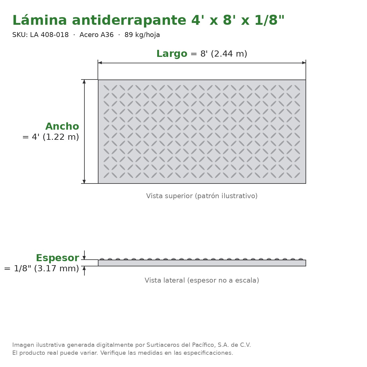 Lámina antiderrapante 4' x 8' x 1/8" - Acero A36 - sección transversal