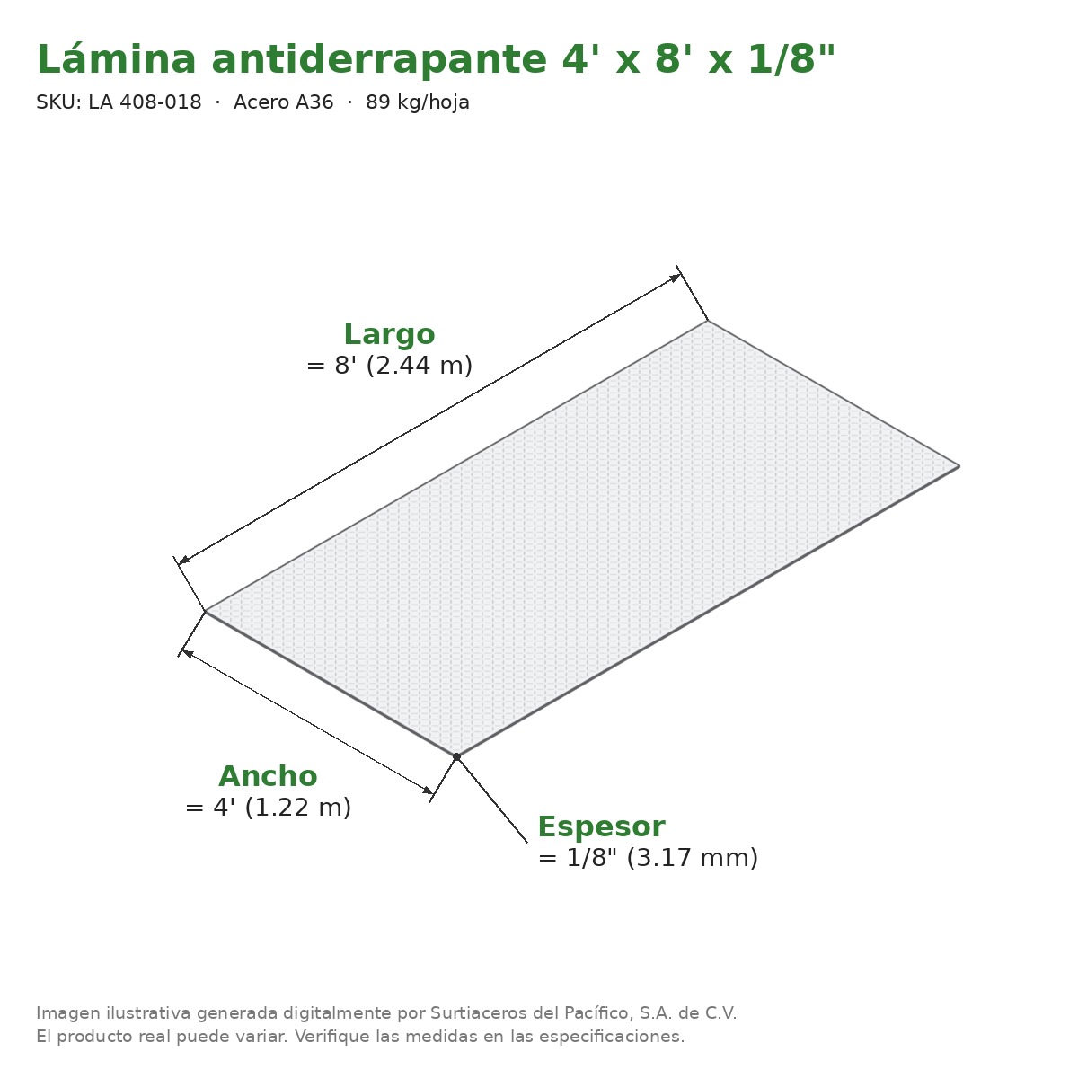 Lámina antiderrapante 4' x 8' x 1/8" - Acero A36 - medidas