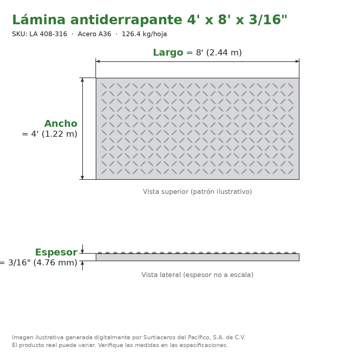 Lámina antiderrapante 4' x 8' x 3/16" - Acero A36 - sección transversal