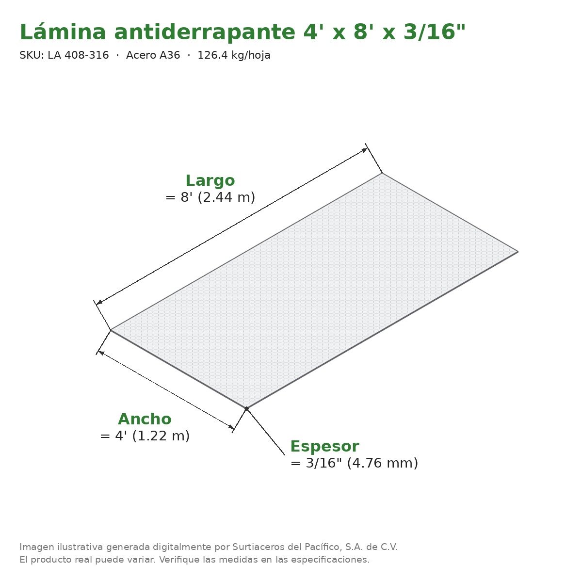 Lámina antiderrapante 4' x 8' x 3/16" - Acero A36 - medidas