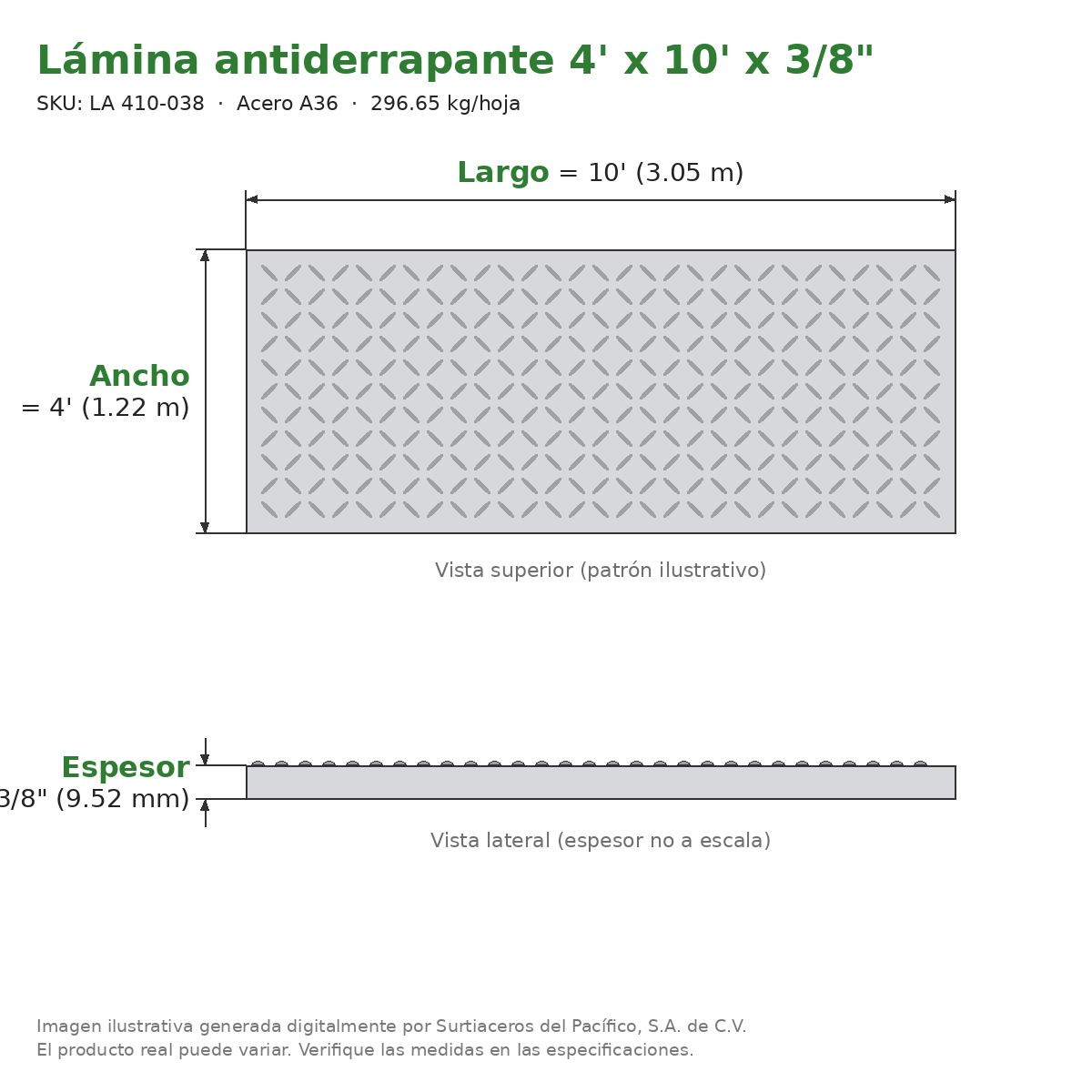 Lámina antiderrapante 4' x 10' x 3/8" - Acero A36 - sección transversal