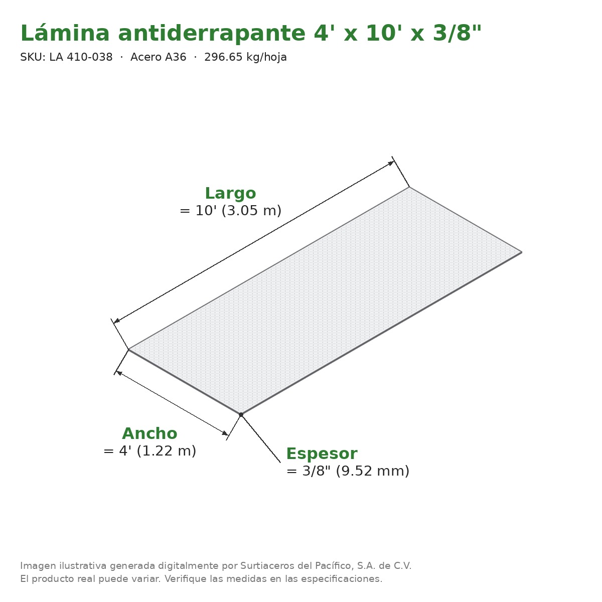 Lámina antiderrapante 4' x 10' x 3/8" - Acero A36 - medidas