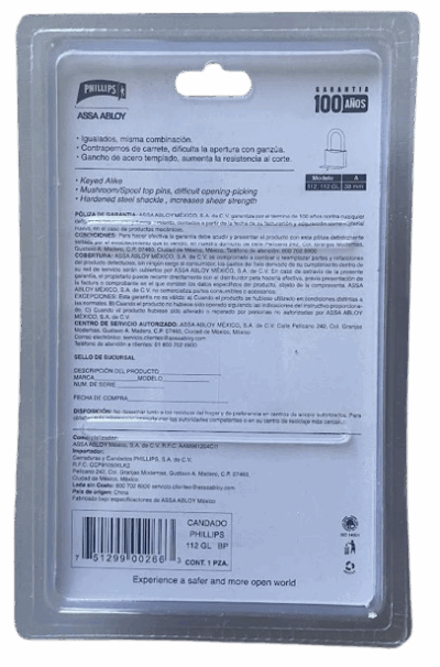 Candado phillips 112 GL BP (gancho largo) - Imagen 2