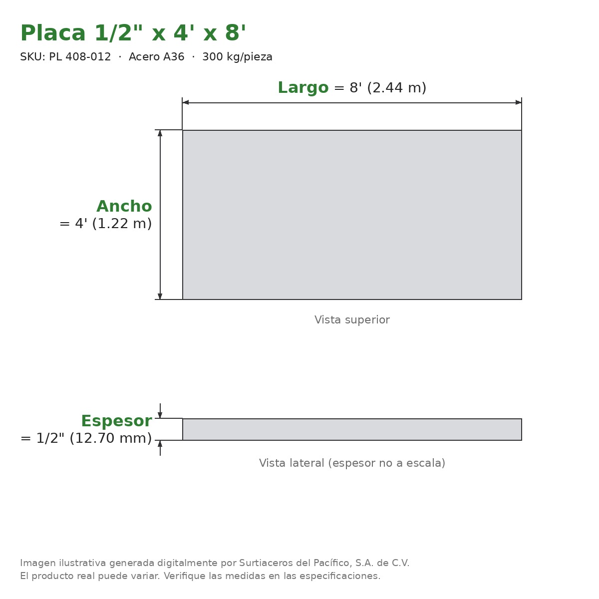 Placa 1/2" x 4' x 8' - Acero A36 - sección transversal