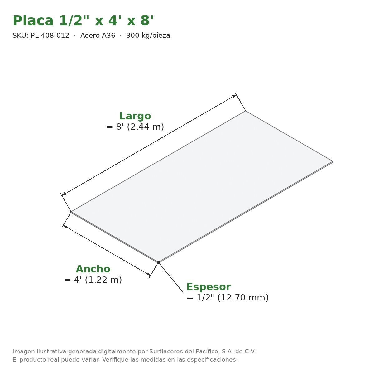 Placa 1/2" x 4' x 8' - Acero A36 - medidas