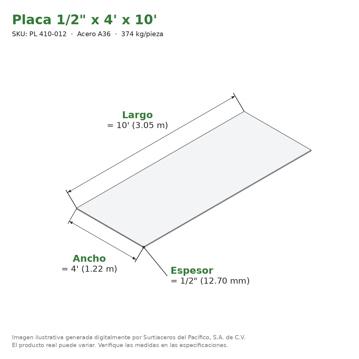 Placa 1/2" x 4' x 10' - Acero A36 - medidas