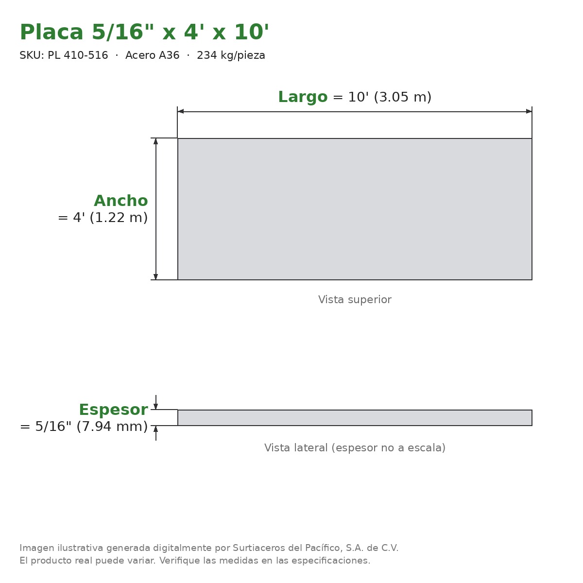 Placa 5/16" x 4' x 10' - Acero A36 - sección transversal