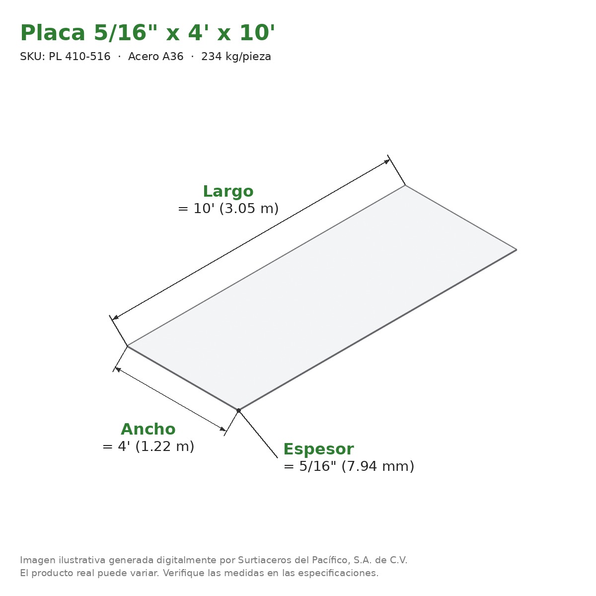 Placa 5/16" x 4' x 10' - Acero A36 - medidas
