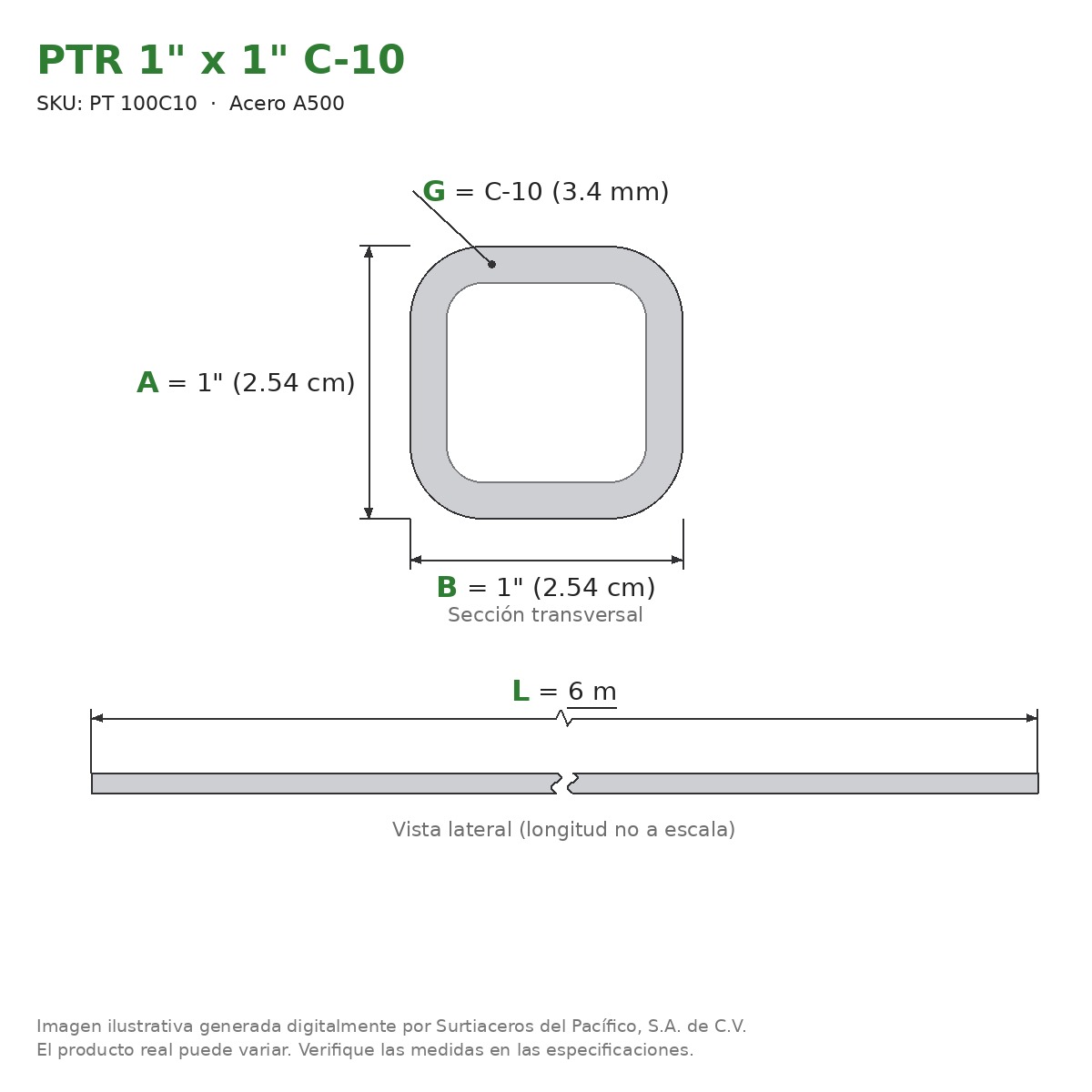 PTR 1" x 1" C-10 x 6.00 m - Acero A500