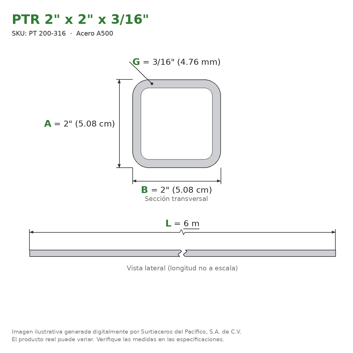 PTR 2" x 2" x 3/16" x 6.00 m - Acero A500
