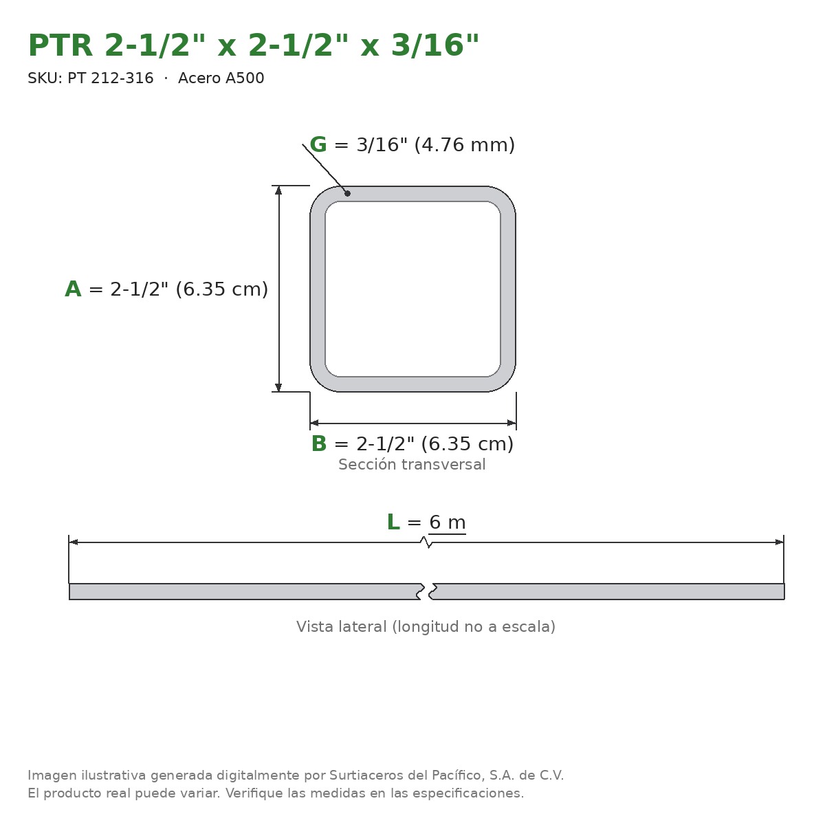 PTR 2-1/2" x 2-1/2" x 3/16" x 6.00 m - Acero A500