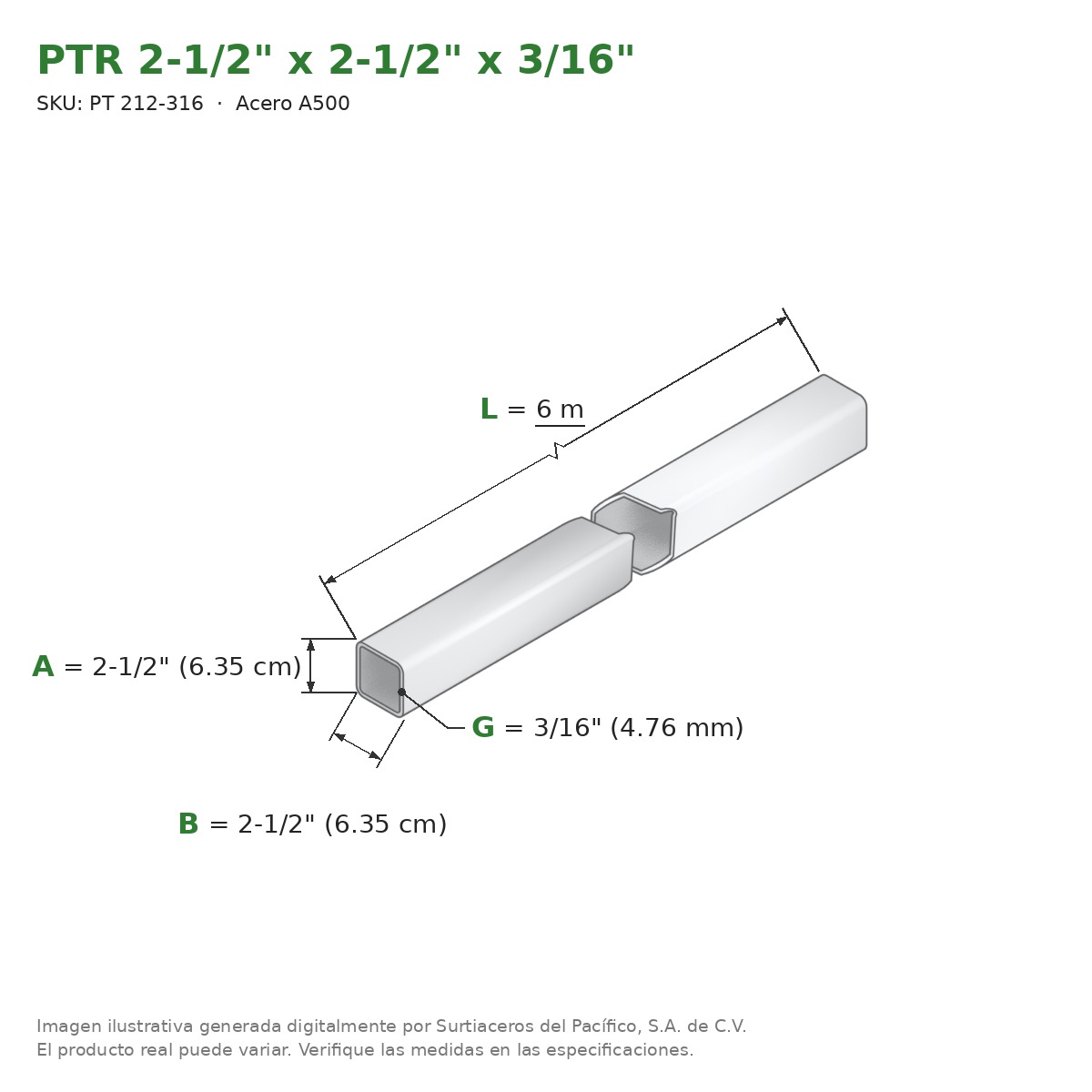 PTR 2-1/2" x 2-1/2" x 3/16" x 6.00 m - Acero A500