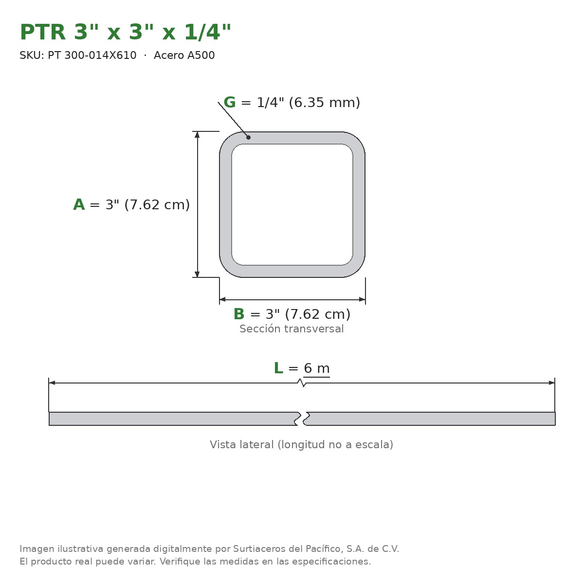 PTR 3" x 3" x 1/4" x 6.00 m - Acero A500