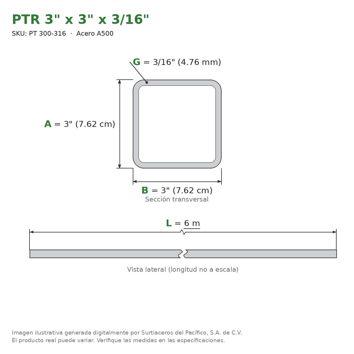 PTR 3" x 3" x 3/16" x 6.00 m - Acero A500