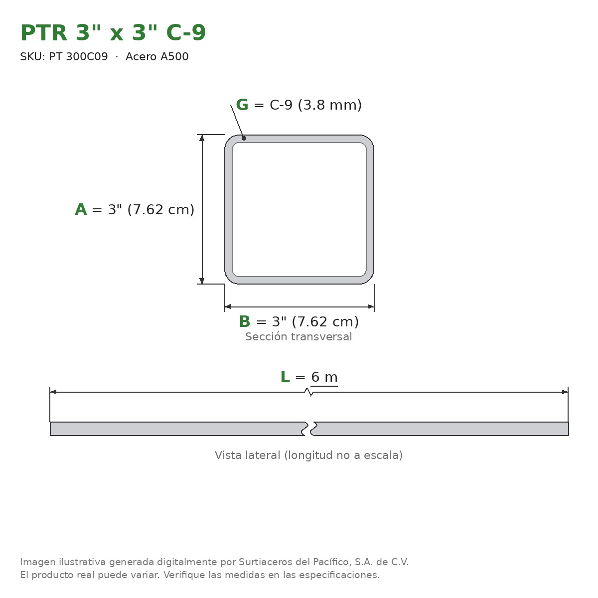 PTR 3" x 3" C-9 x 6.00 m - Acero A500