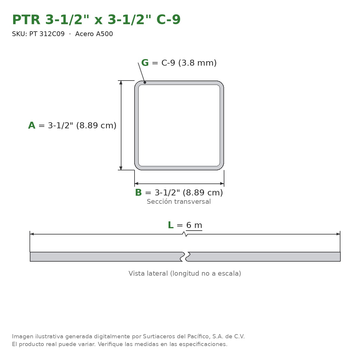 PTR 3-1/2" x 3-1/2" C-9 x 6.00 m - Acero A500