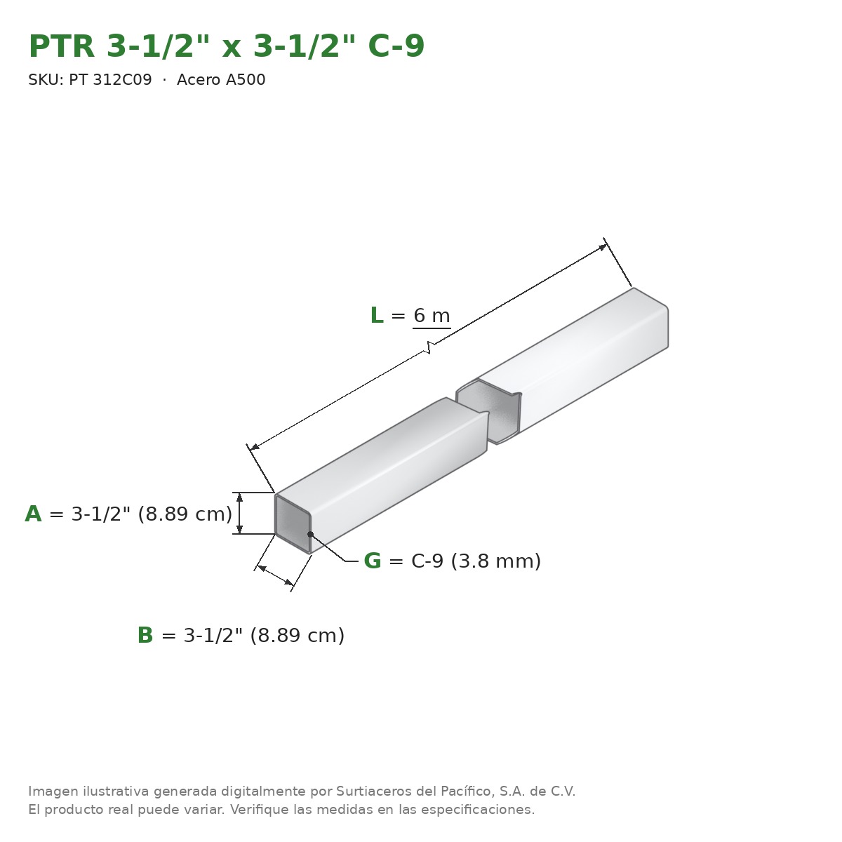 PTR 3-1/2" x 3-1/2" C-9 x 6.00 m - Acero A500