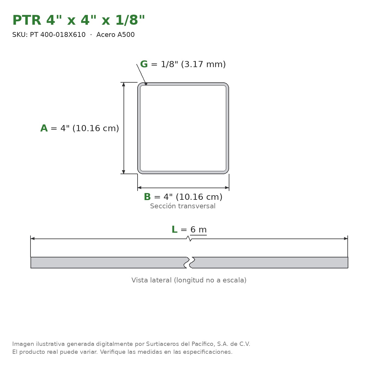 PTR 4" x 4" x 1/8" x 6.00 m - Acero A500