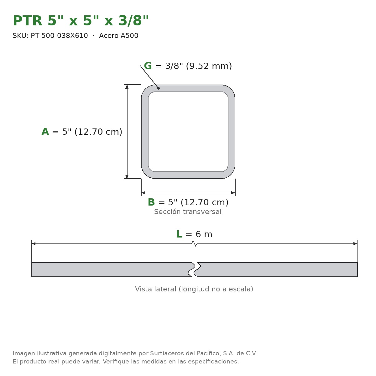 PTR 5" x 5" x 3/8" x 6.00 m - Acero A500