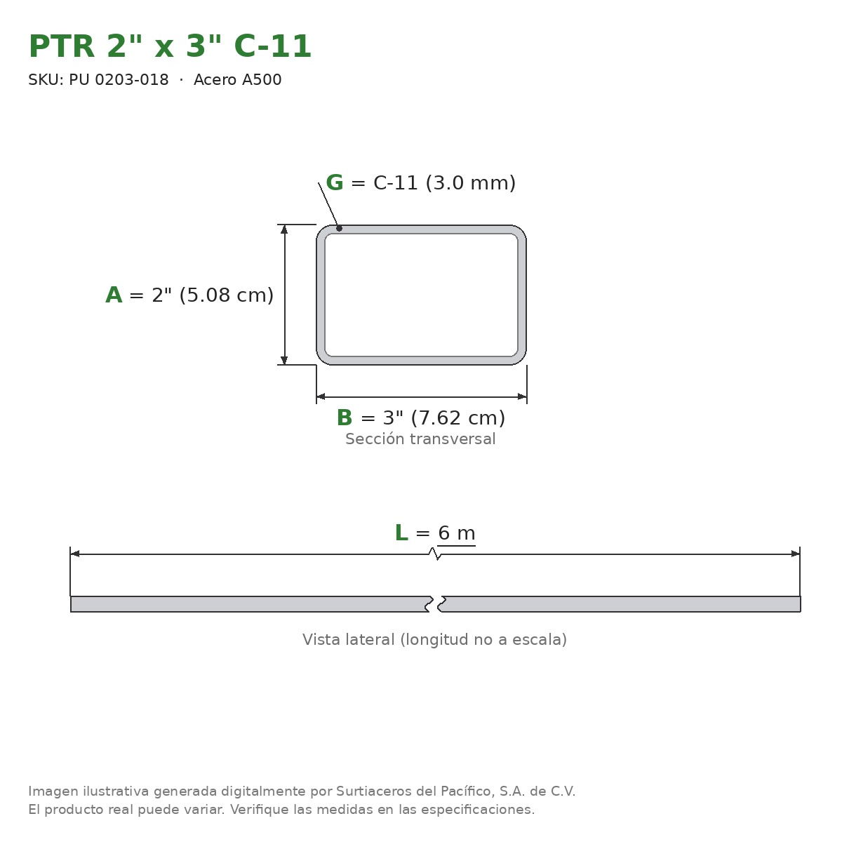PTR 2" x 3" C-11 x 6.00 m - Acero A500