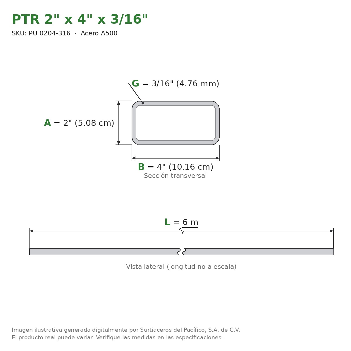 PTR 2" x 4" x 3/16" x 6.00 m - Acero A500