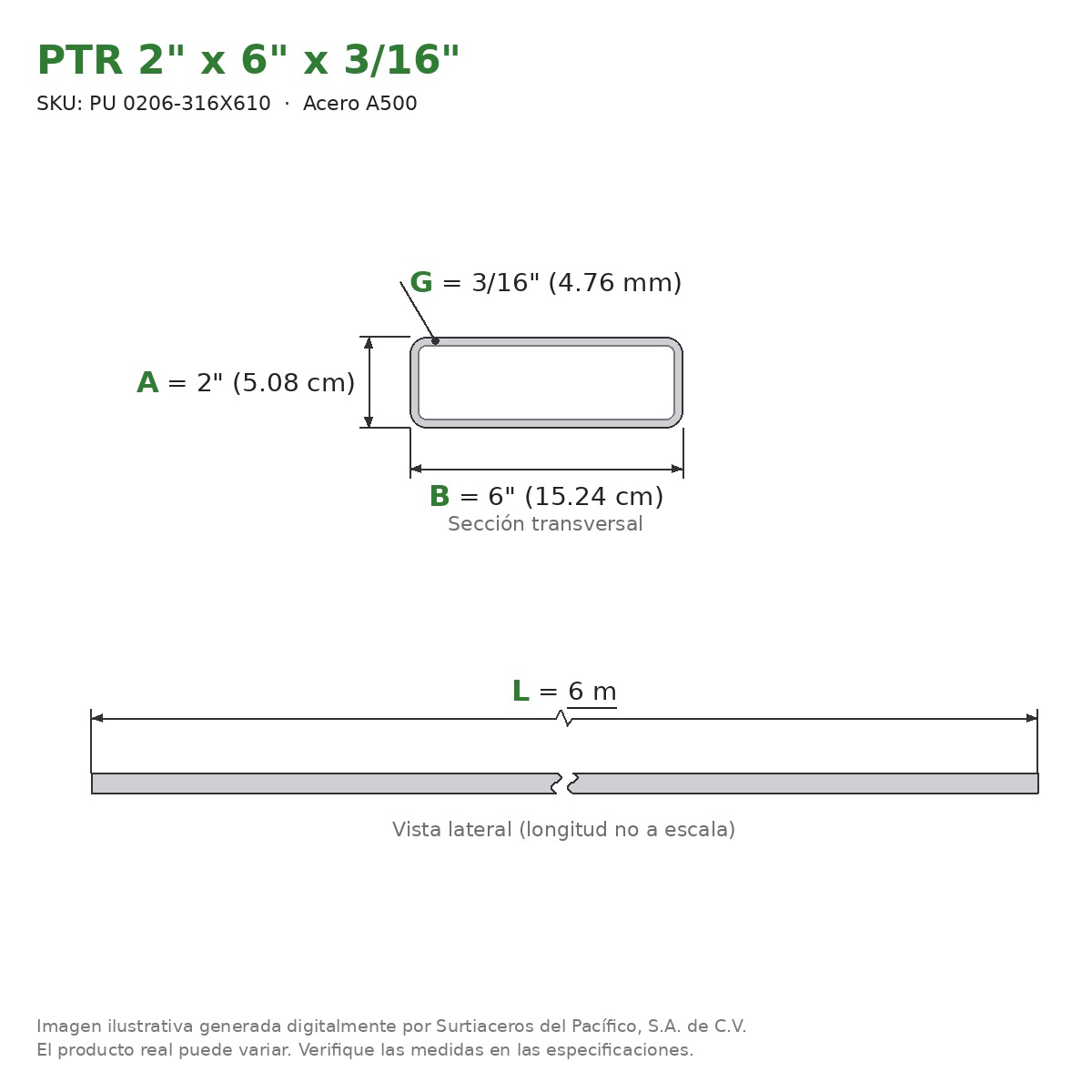 PTR 2" x 6" x 3/16" x 6.00 m - Acero A500