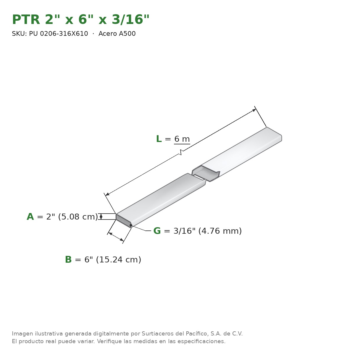 PTR 2" x 6" x 3/16" x 6.00 m - Acero A500
