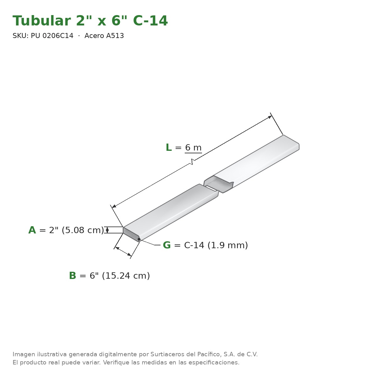 Tubular 2" x 6" C-14 x 6.00 m - Acero A513